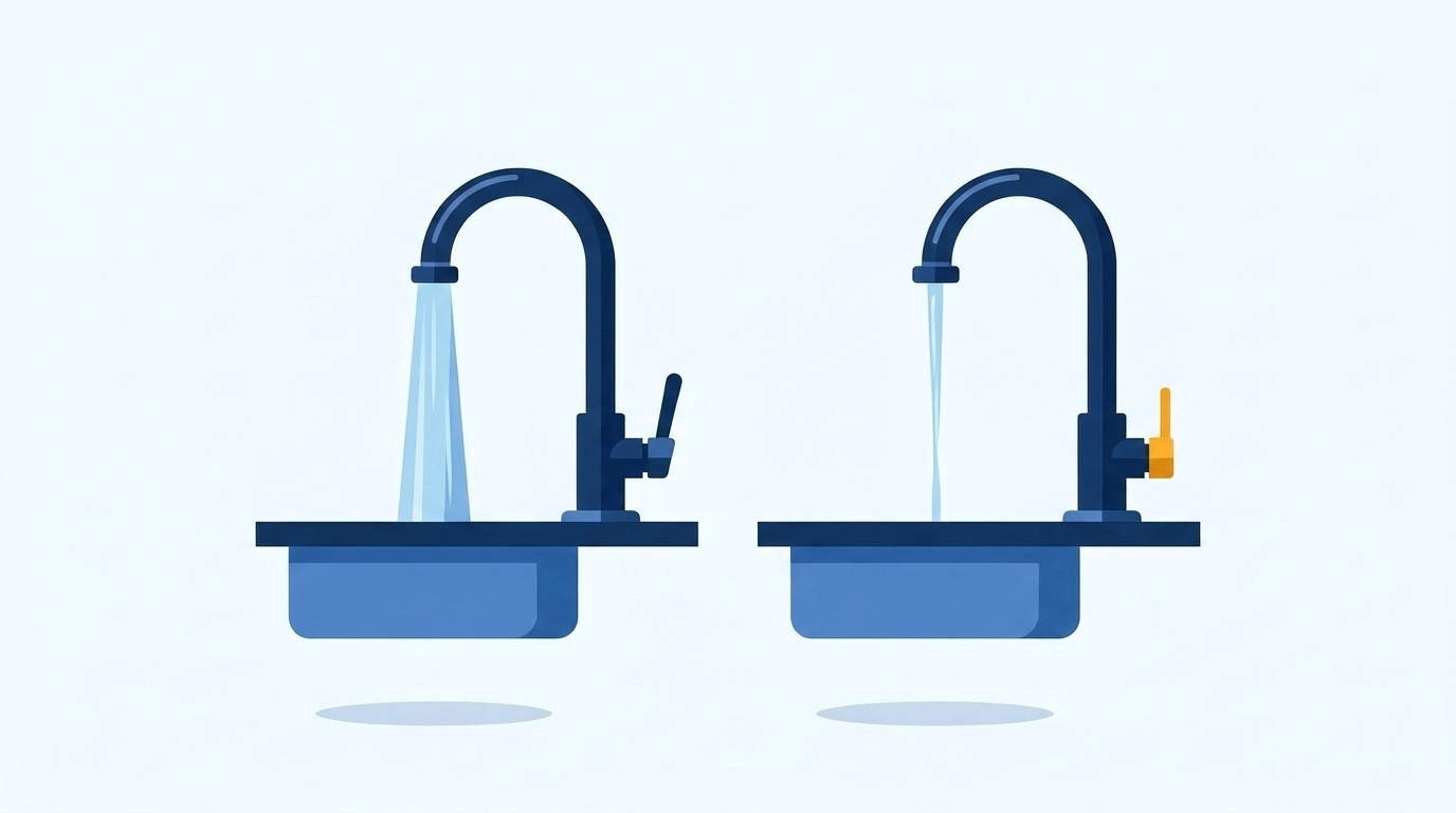 Illustration of two kitchen faucets over sink basins, the left with a wide, full stream of water and the right with only a thin trickle.