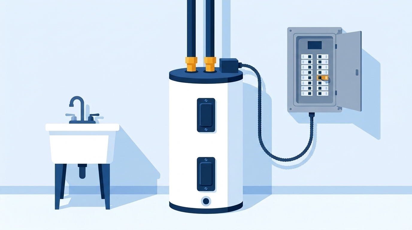 White electric tank water heater beside a utility sink, with a dark cable running from its junction box to an open breaker panel where one breaker is shaded amber