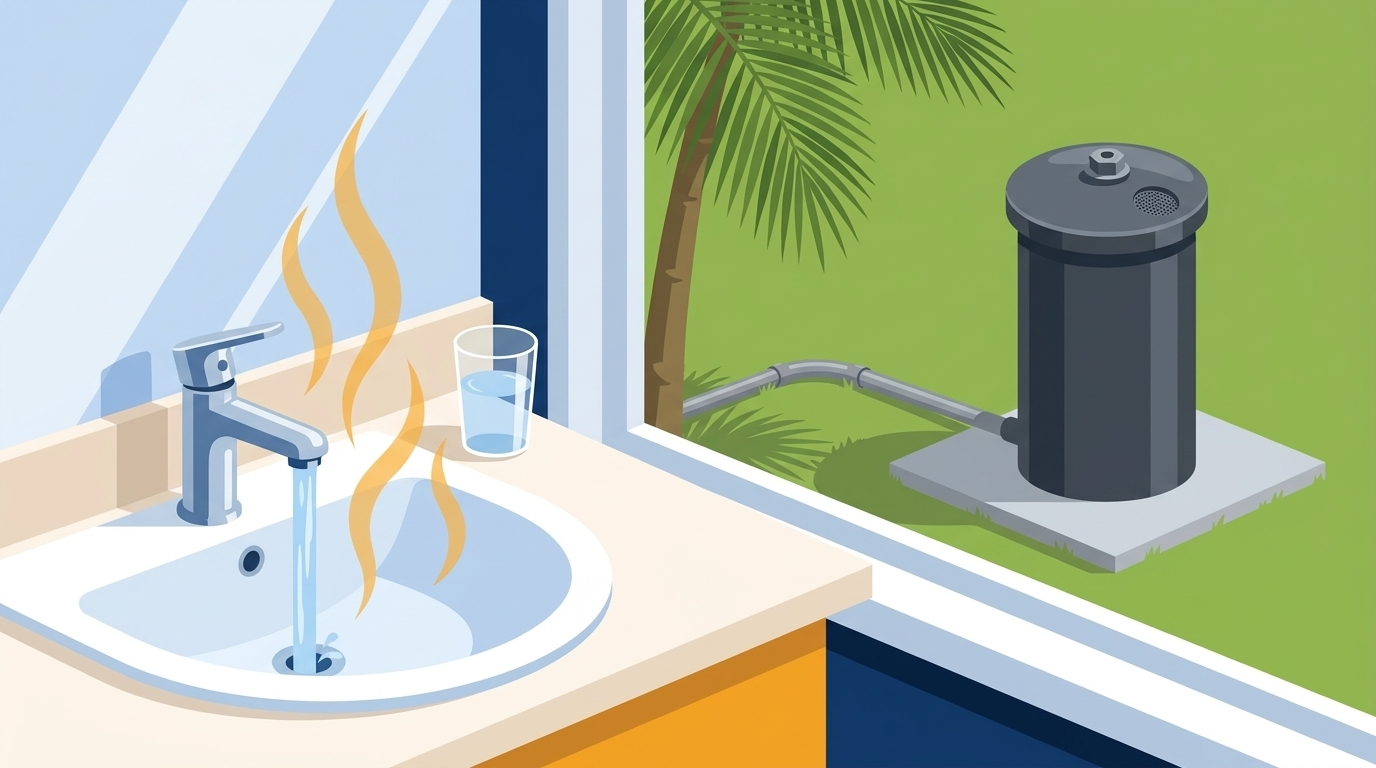 Illustration of a faucet running water into a white sink with wavy amber odor lines rising from it, a glass of water on the counter and a capped well casing on a concrete pad outside the window.