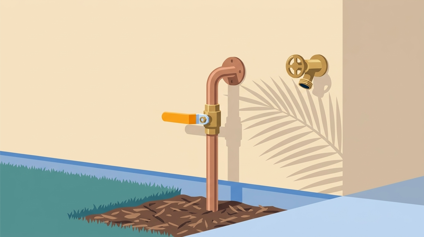 Copper water pipe rising from a mulch bed beside a smooth beige wall, a brass ball valve's amber lever turned across the pipe, and a brass hose bib on the wall to the right