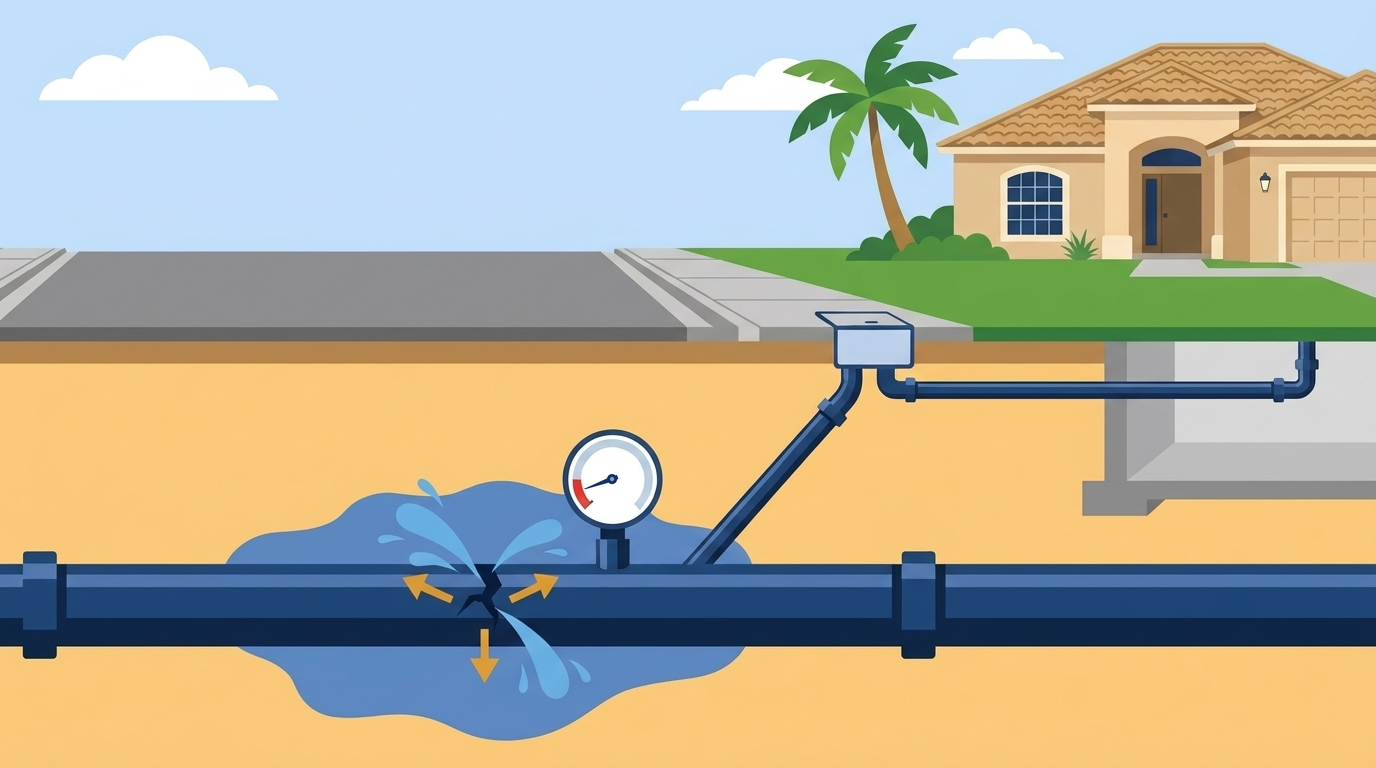 Cutaway of a cracked water main under a street spraying water into the soil, a gauge needle in the red low zone, and a service line rising to a meter box at the sidewalk