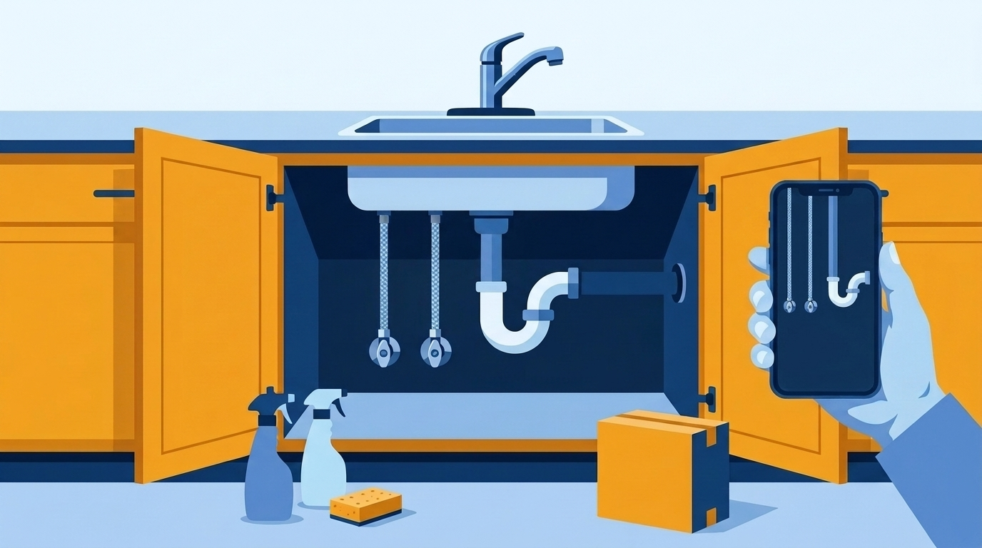 Illustration of an emptied kitchen sink cabinet with its doors open, two shut-off valves, supply lines and a drain trap, as a hand holds up a phone to photograph them