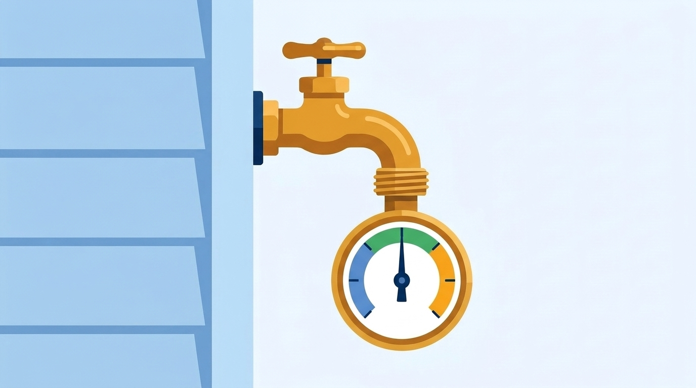Illustration of a pressure gauge screwed onto a brass outdoor spigot on a house wall, its needle pointing up into the green middle band of a blue, green and amber dial.