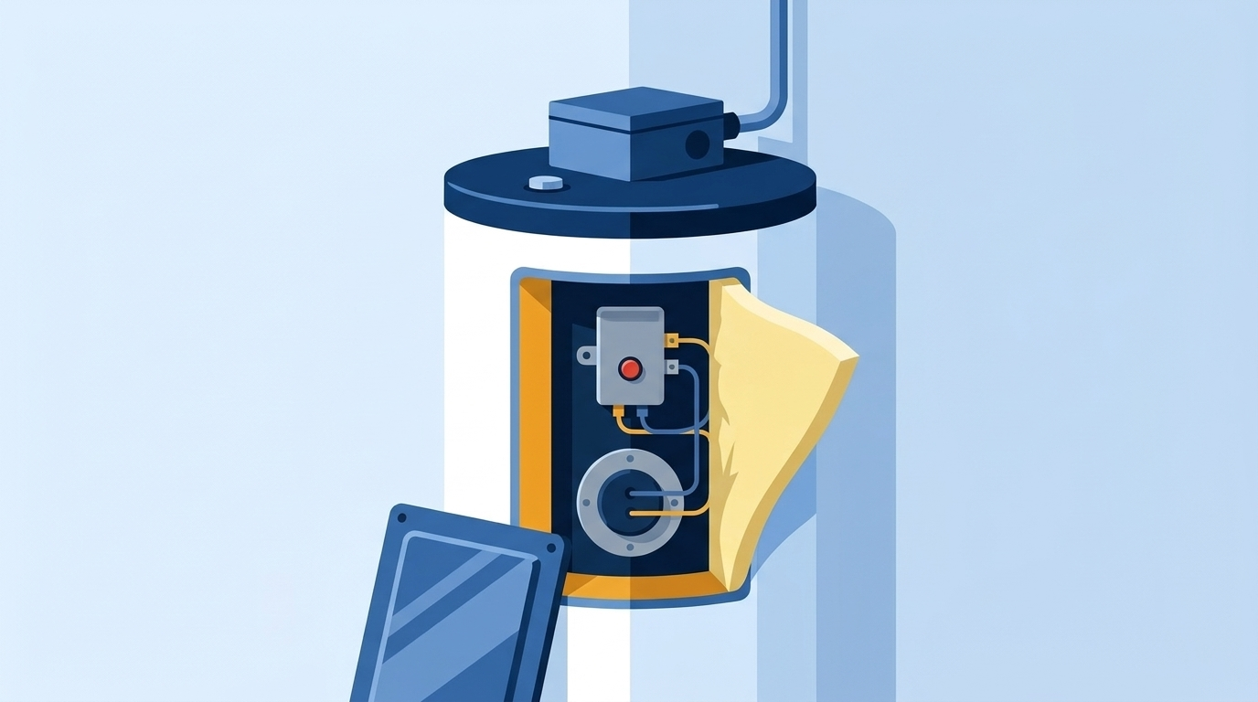 Upper access panel removed from an electric water heater, insulation folded back to show a gray thermostat with a red reset button above a heating element