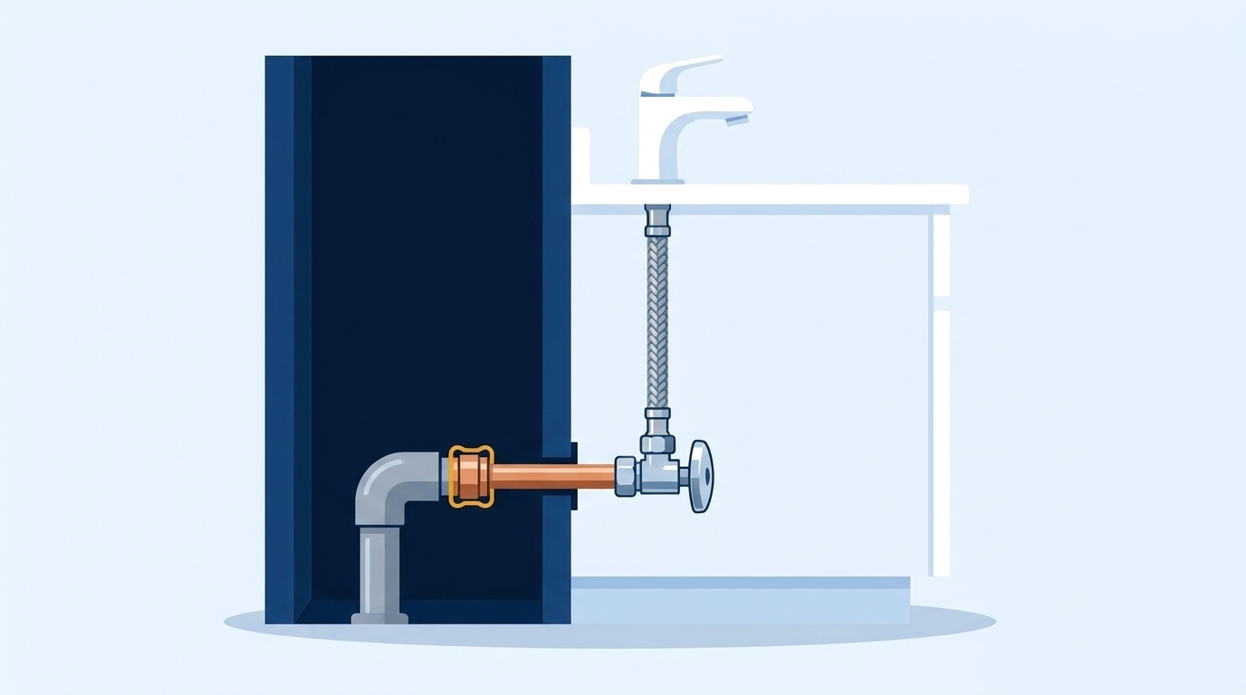 Cutaway of a wall: gray plastic pipe inside the wall joins a copper pipe at a fitting with a copper ring, and the copper runs out to a valve whose hose feeds the faucet