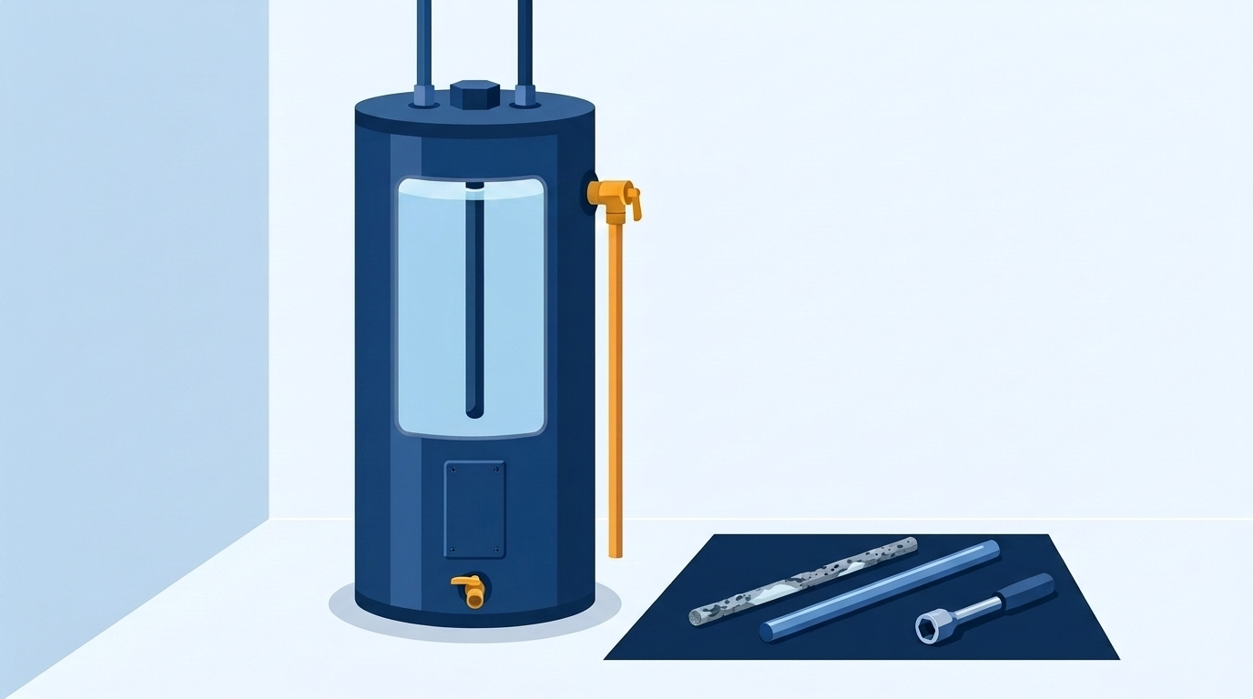 Illustration of a water heater drawn in cutaway and full of water with an anode rod hanging inside, beside an old pitted rod, a smooth new rod and a socket wrench laid on a navy drop cloth.