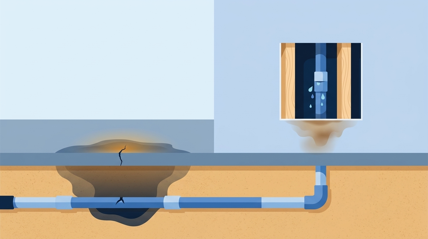 Cutaway of a pipe leaking under a concrete slab, with damp soil rising through a crack to a damp floor patch with a warm amber glow, and a pipe inside an opened wall dripping between two studs