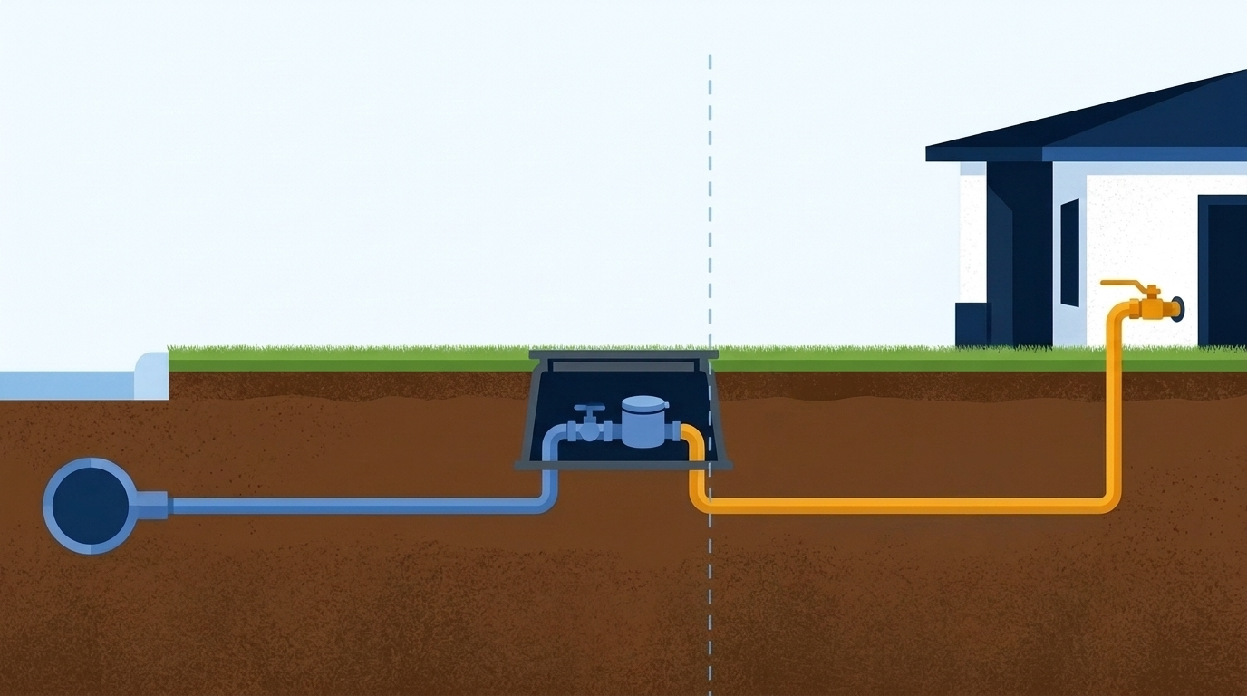 Yard cutaway: a blue line runs from the street main to a valve and meter in an in-ground box, then, past a dashed line, an amber line runs to a valve at the house wall