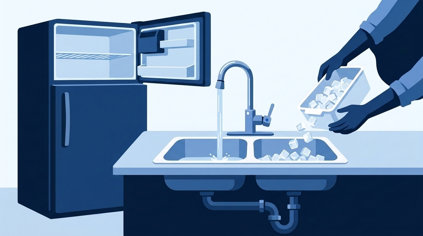 Hands empty a refrigerator ice bin into one side of a double kitchen sink while the faucet runs into the other side, with the open freezer standing empty nearby