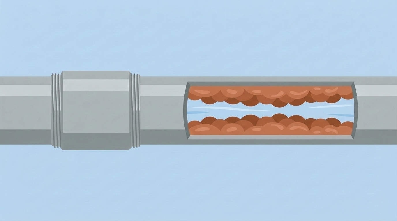 Cutaway illustration of a galvanized steel pipe that looks clean outside, with rust buildup inside narrowing the channel the water flows through