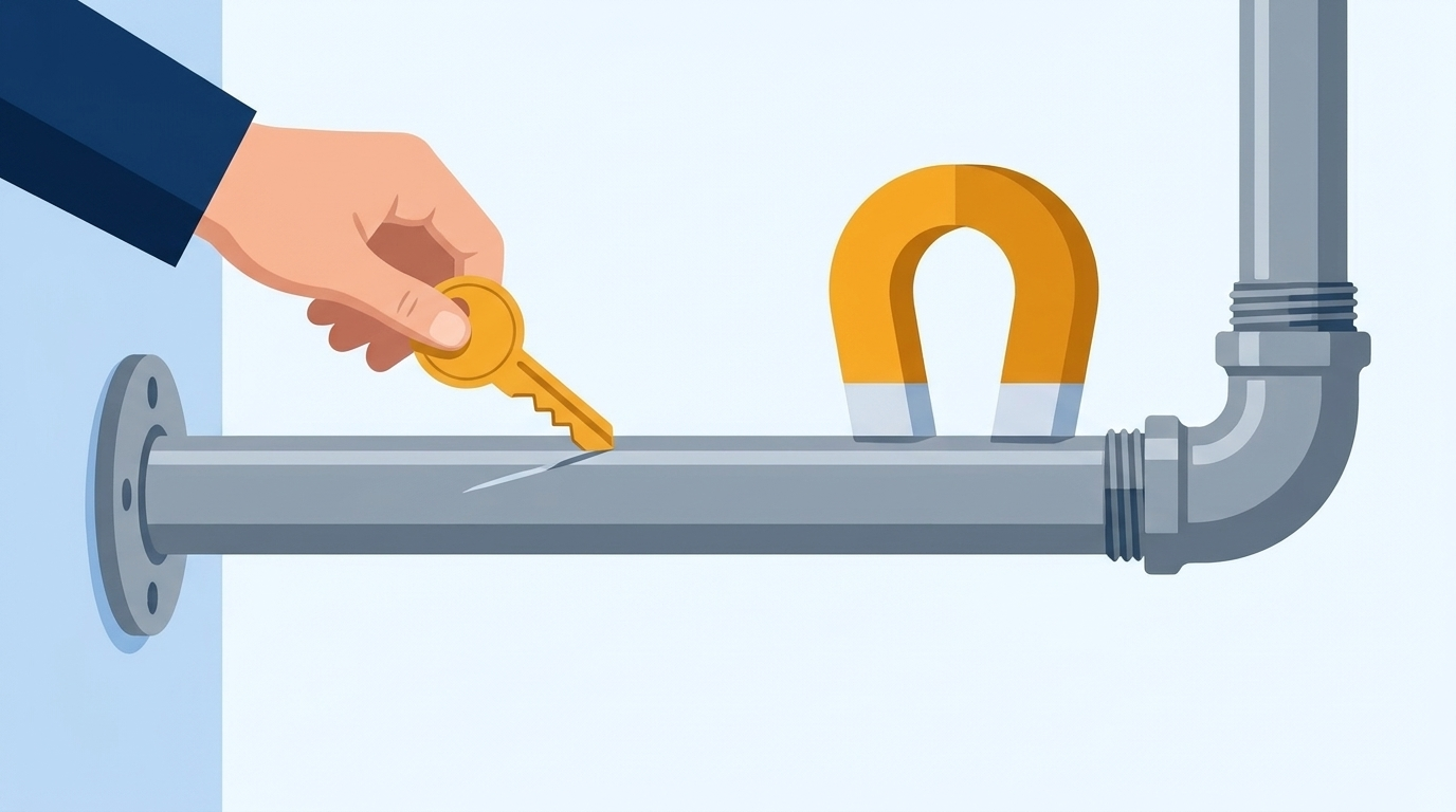 Illustration of a hand pressing the tip of a key to a gray metal pipe beside a thin scratch on its surface, with a horseshoe magnet clinging to the top of the same pipe.