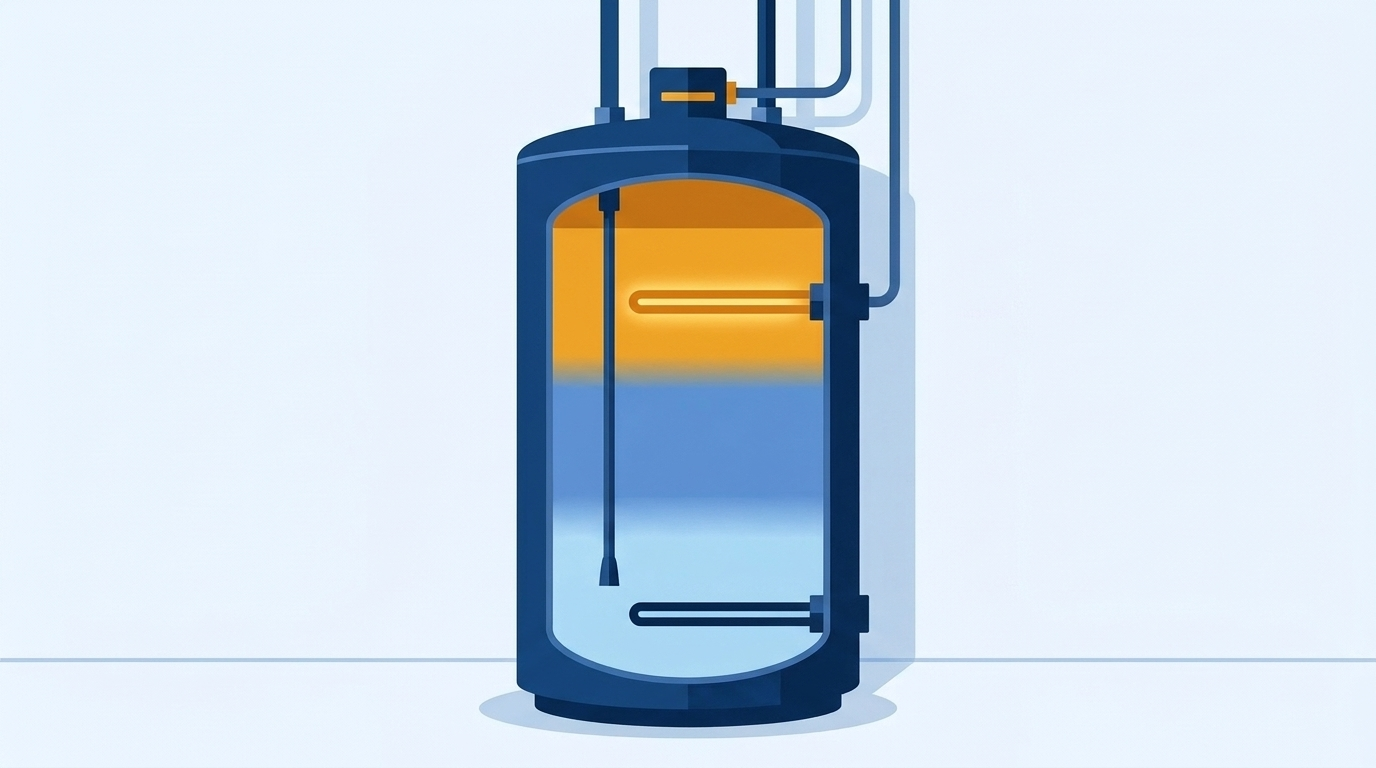 Cutaway of an electric tank water heater with its upper element glowing and amber shading in the top third, while the lower element is dark and the water below is blue