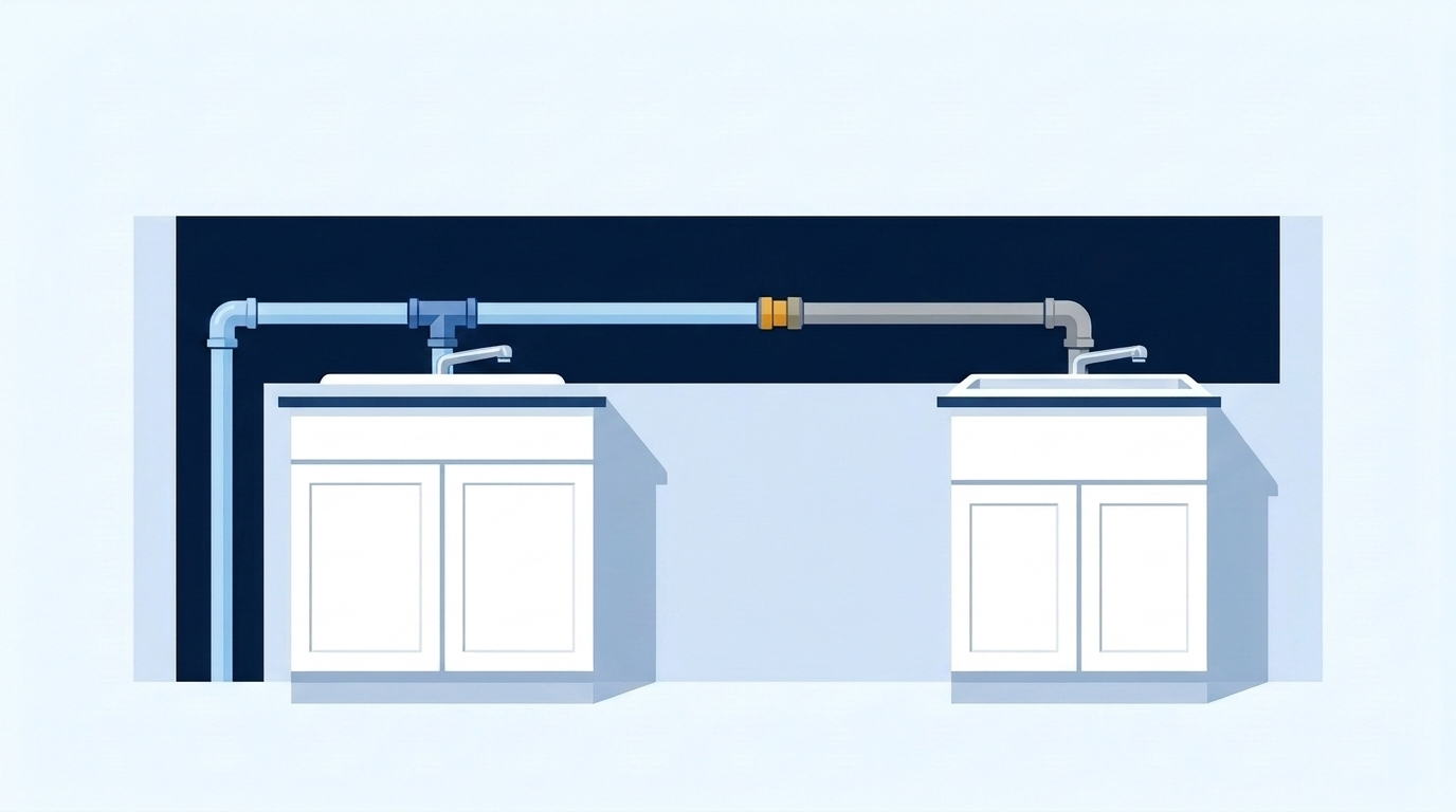 Cutaway of a wall above two sinks: light blue tubing feeds the left faucet, and a brass coupling joins it to gray pipe that feeds the right faucet