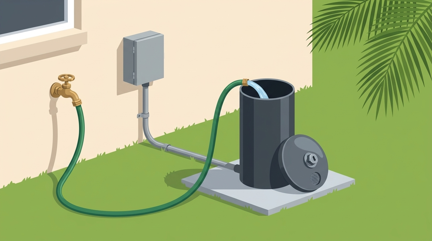 Illustration of a garden hose running from an outdoor faucet across a lawn to an open well casing on a concrete pad, water pouring into it, its cap beside it and a gray conduit to a box on the wall.