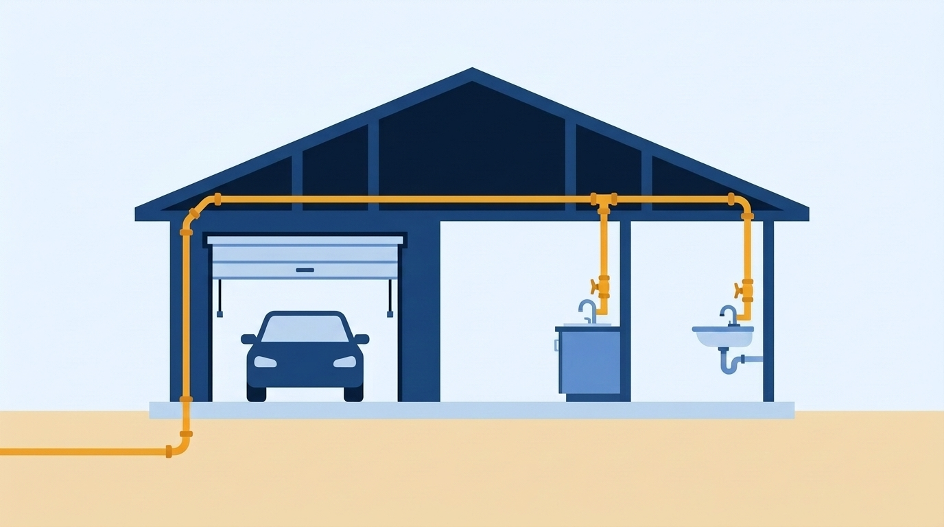 Cutaway of a one-story slab home with an amber water line coming up through the garage wall beside a parked car, across the attic and down to a kitchen faucet and a bathroom faucet