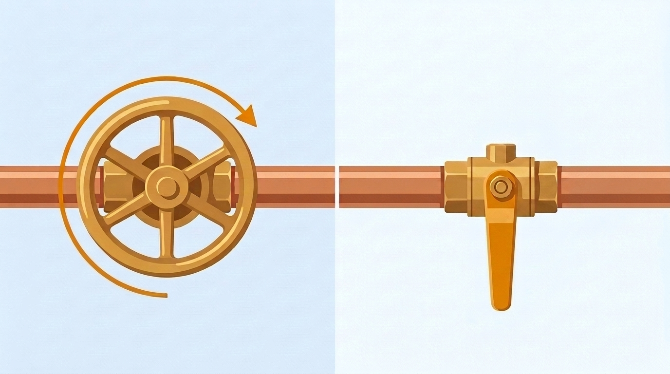 Brass gate valve with a round wheel handle and a clockwise amber arrow on one copper pipe, beside a brass ball valve on another with its amber lever pointing across the pipe