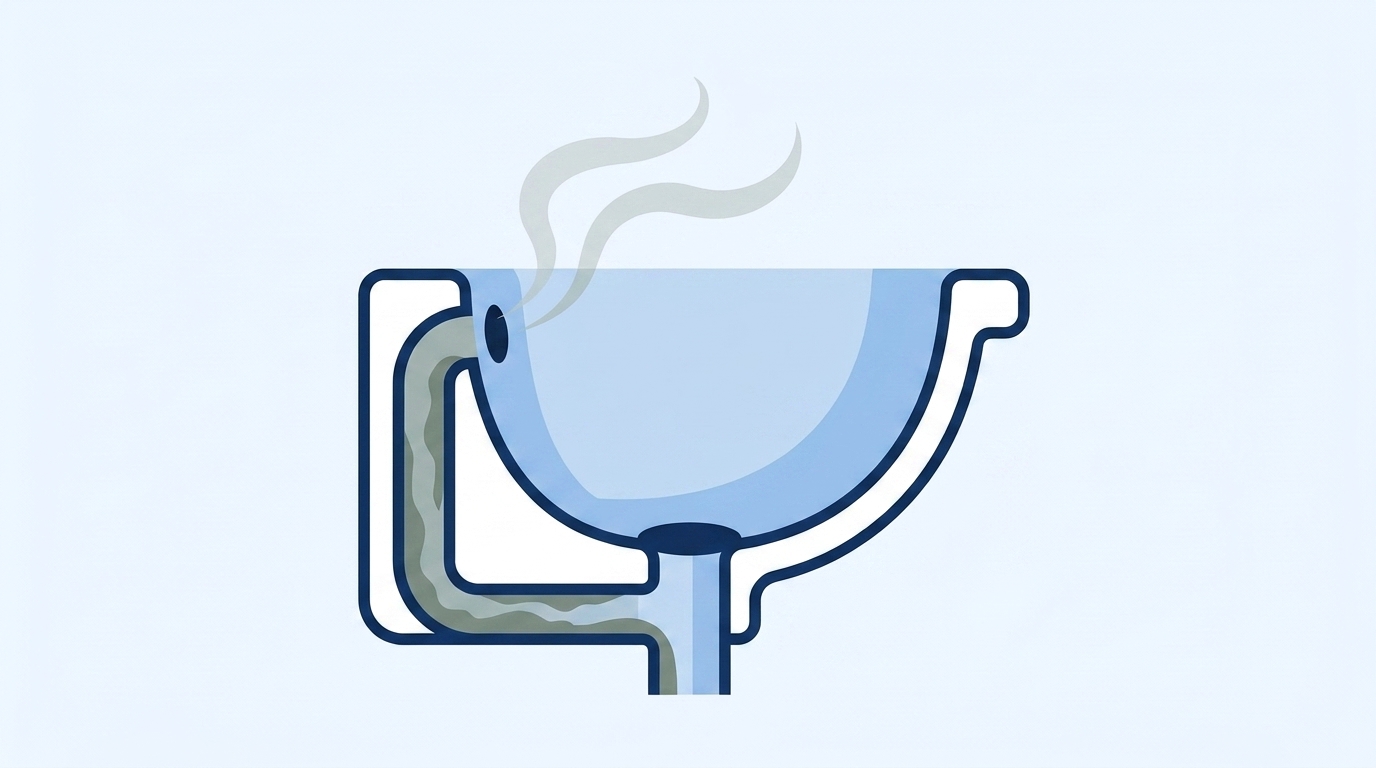 Cutaway diagram of a bathroom sink. A small overflow opening below the rim leads into a channel inside the basin wall, coated with grey-green film, with wisps drifting out of the opening.