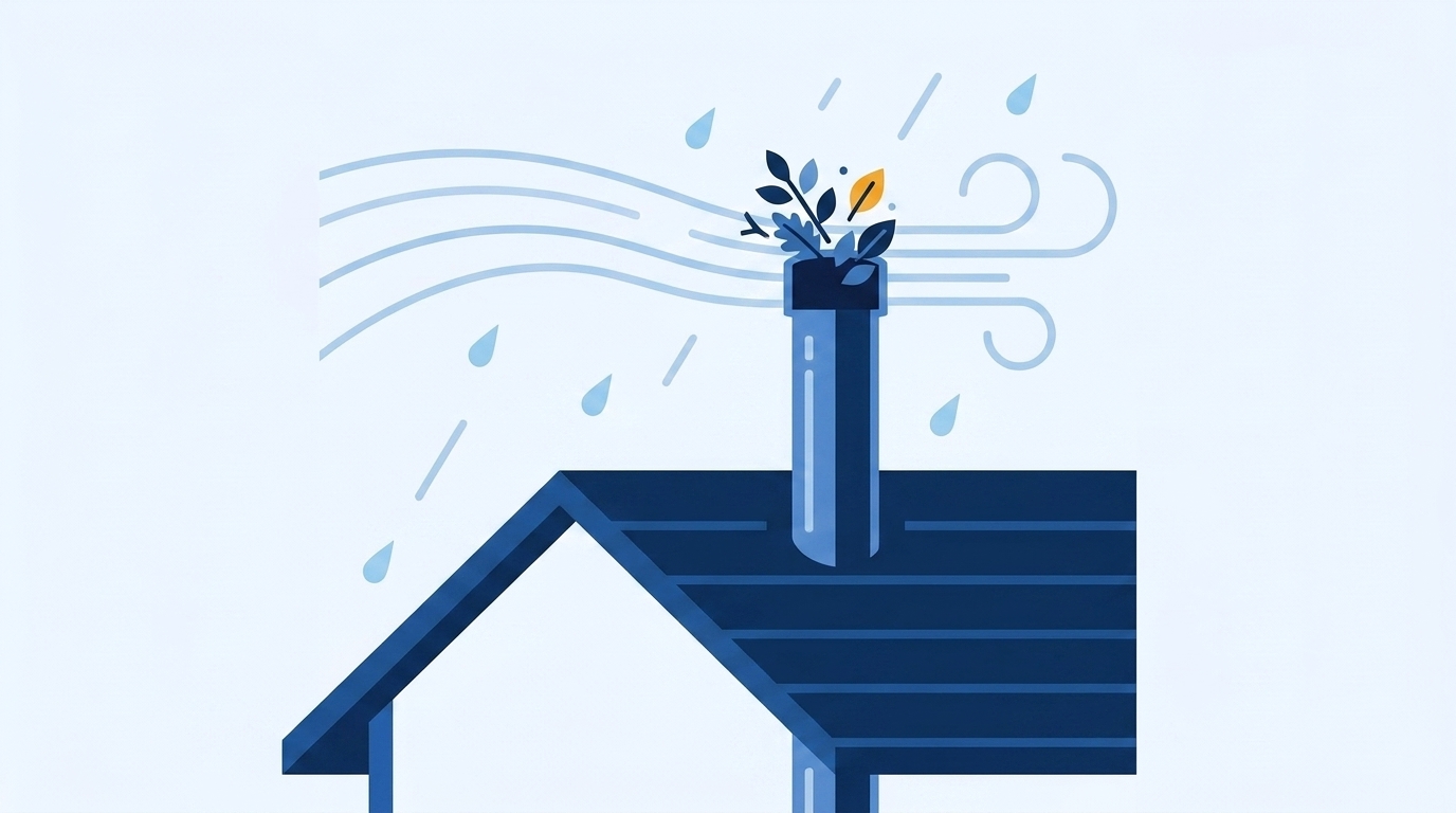 Cutaway diagram of a plumbing vent pipe rising through a house roof, its open top partly blocked by leaves and twigs, with wind lines and rain drops passing across it.