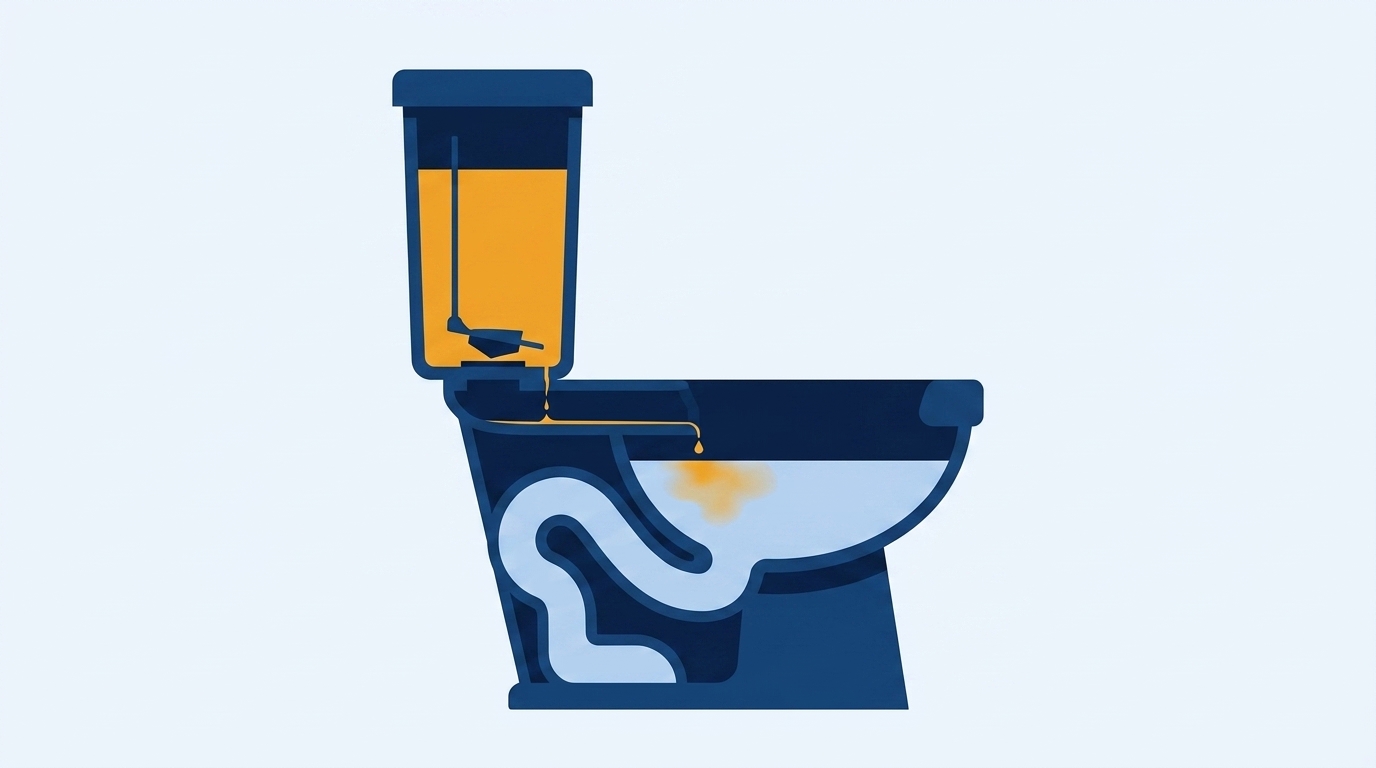 Cutaway illustration of a toilet: dyed tank water seeps past the flapper, along the rim channel, and drips into the bowl below