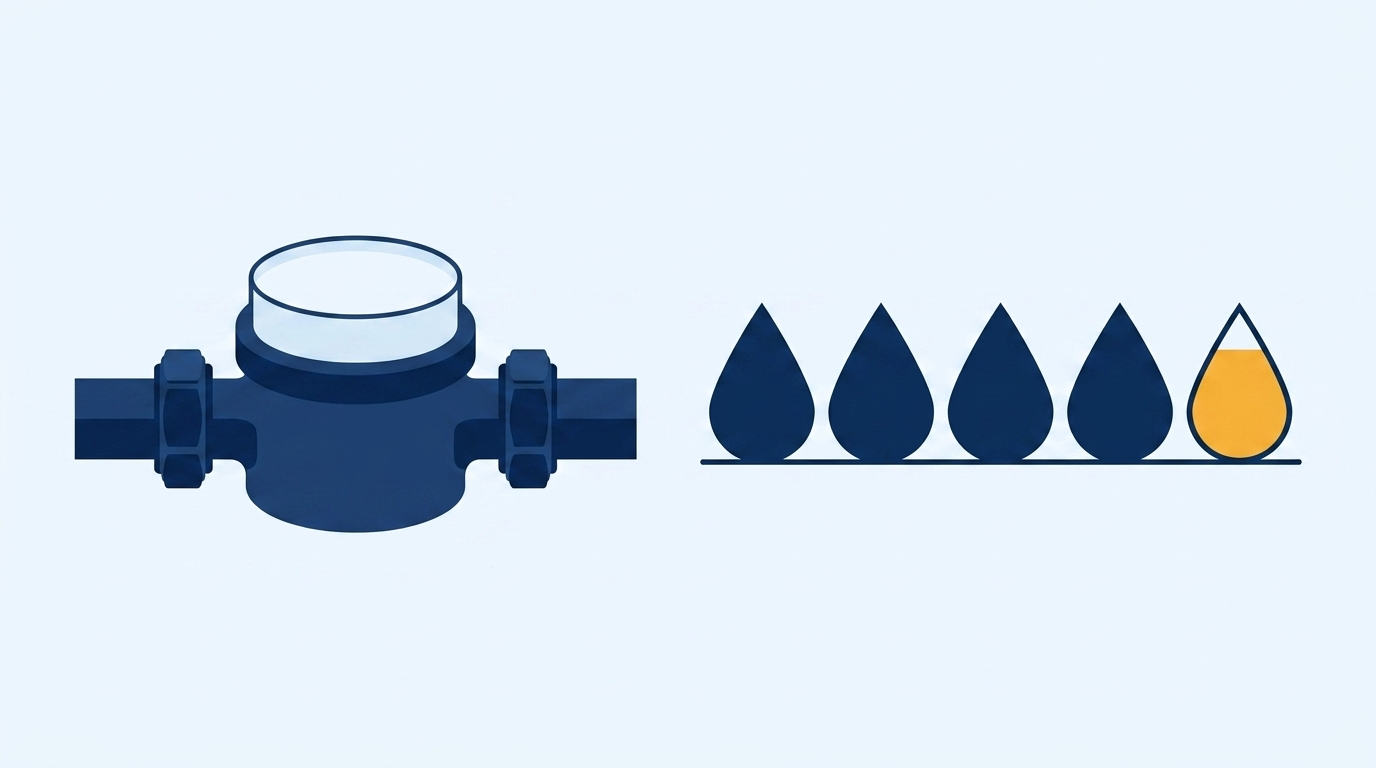 Illustration of a residential water meter beside five identical water drops, four filled solid and the fifth only part filled