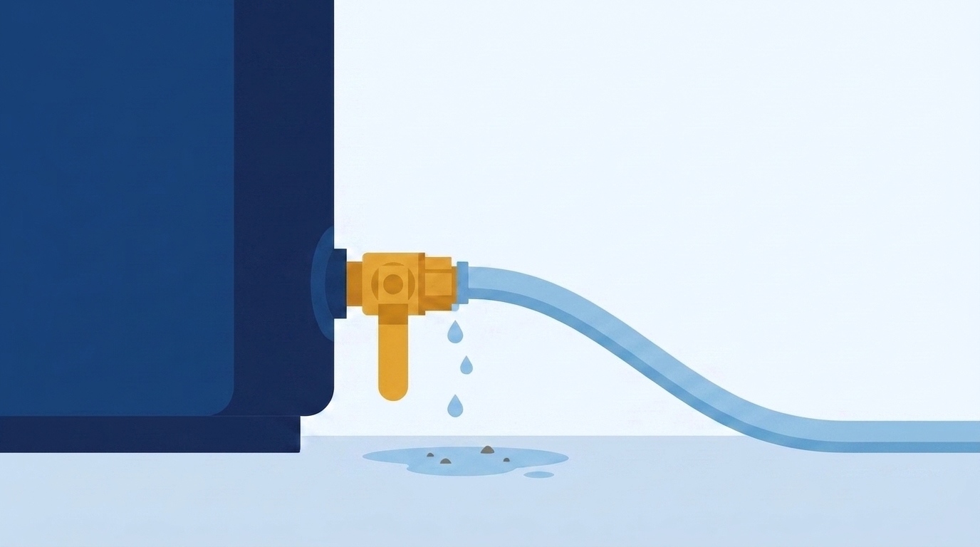 Close-up of a water heater drain valve with its lever handle turned down to the shut position, still dripping water into a small puddle containing dark grit.