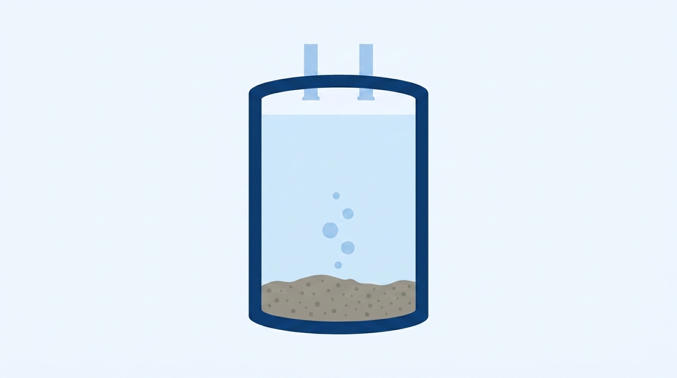 Cutaway of a water heater tank showing a settled layer of grey-brown sediment across the bottom, with bubbles rising from it through clear water above.