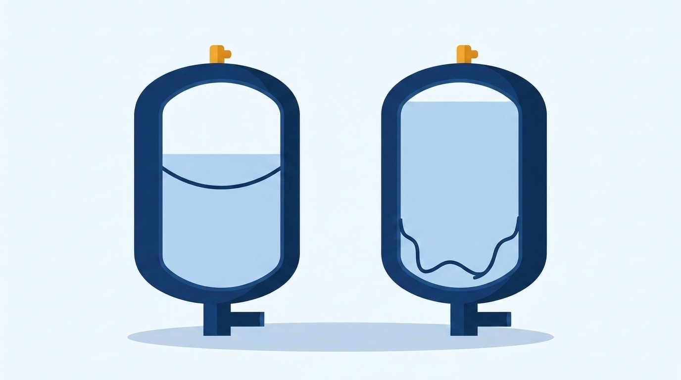 Two cutaway pressure tanks side by side. The left tank holds an air cushion above the water with the bladder intact between them. The right tank is filled almost to the top with water and its bladder is collapsed at the bottom.