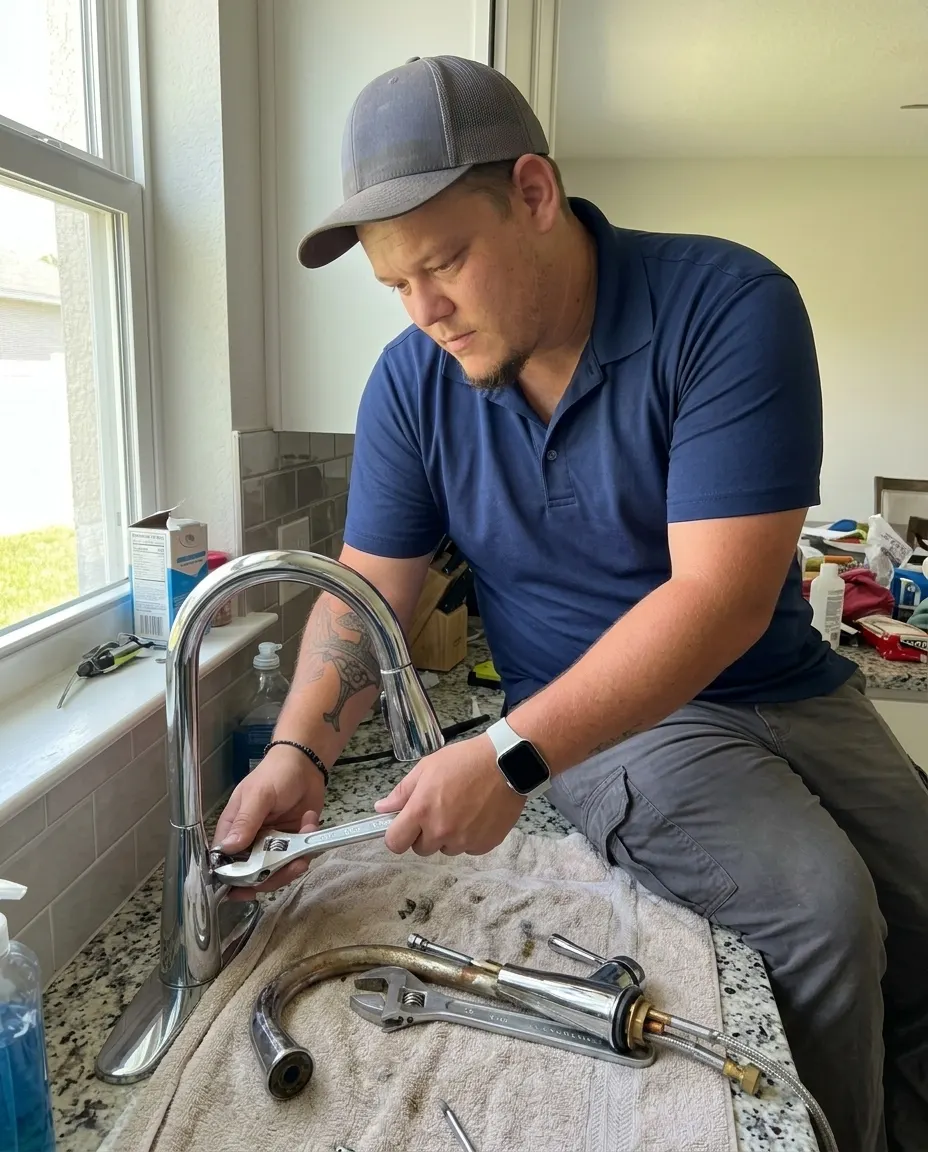 Dream Land Plumbing tech performing faucets & fixtures in a Treasure Coast home