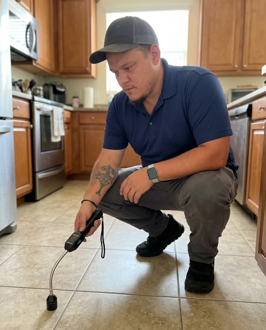 Dream Land Plumbing tech performing leak detection in a Treasure Coast home