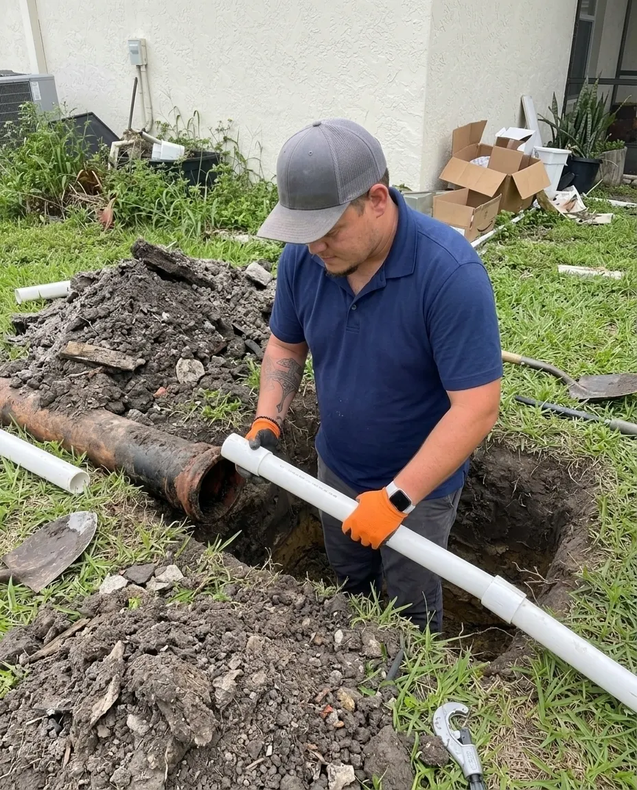 Dream Land Plumbing tech performing sewer line repair in a Treasure Coast home