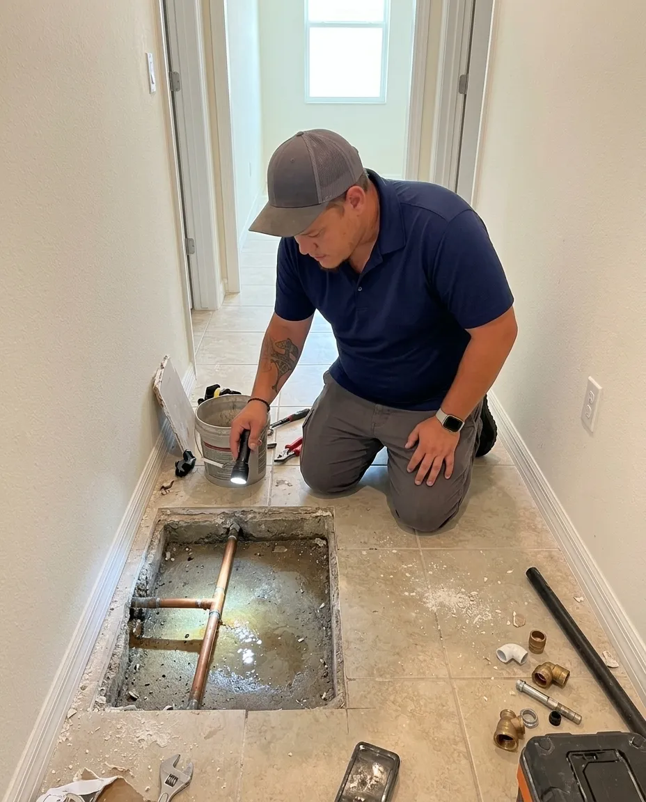 Dream Land Plumbing tech performing slab leak repairs in a Treasure Coast home