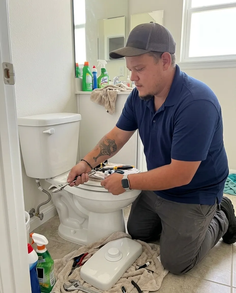 Dream Land Plumbing tech performing toilet repair & install in a Treasure Coast home