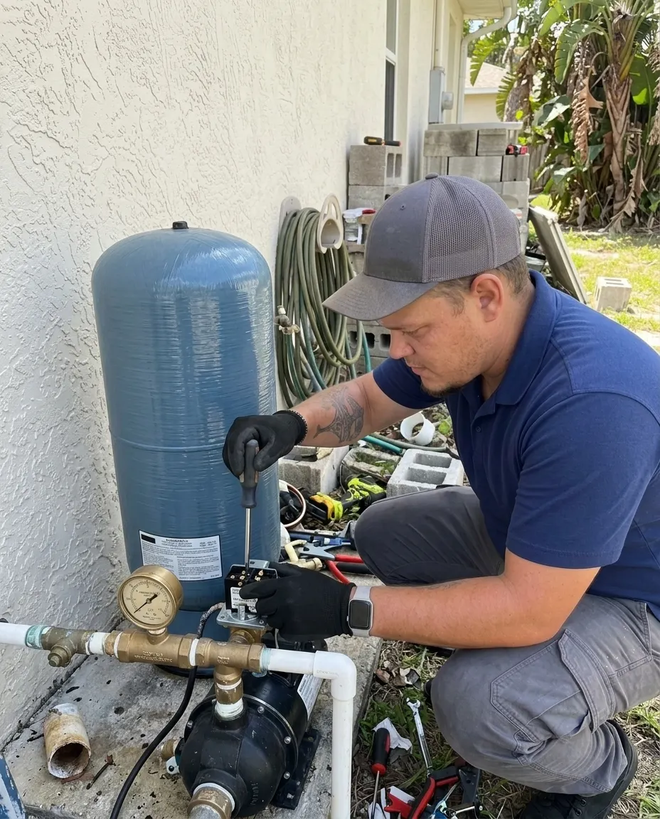 Dream Land Plumbing tech performing well & sump pumps in a Treasure Coast home